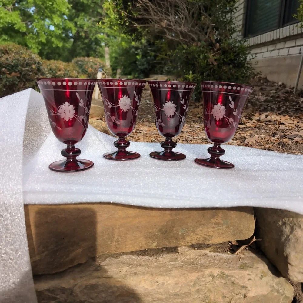 Williams Sonoma Goblet Set Ruby Red Vintage Cut to Clear Floral Glass Etched 4pc